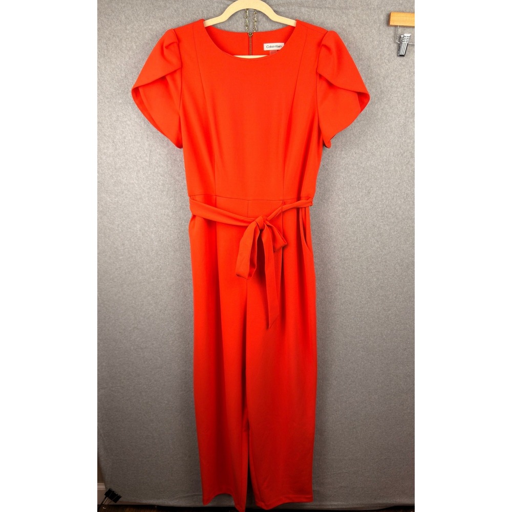 Calvin Klein Orange Red Tulip Sleeve Belted Straight Leg Jumpsuit Size 12